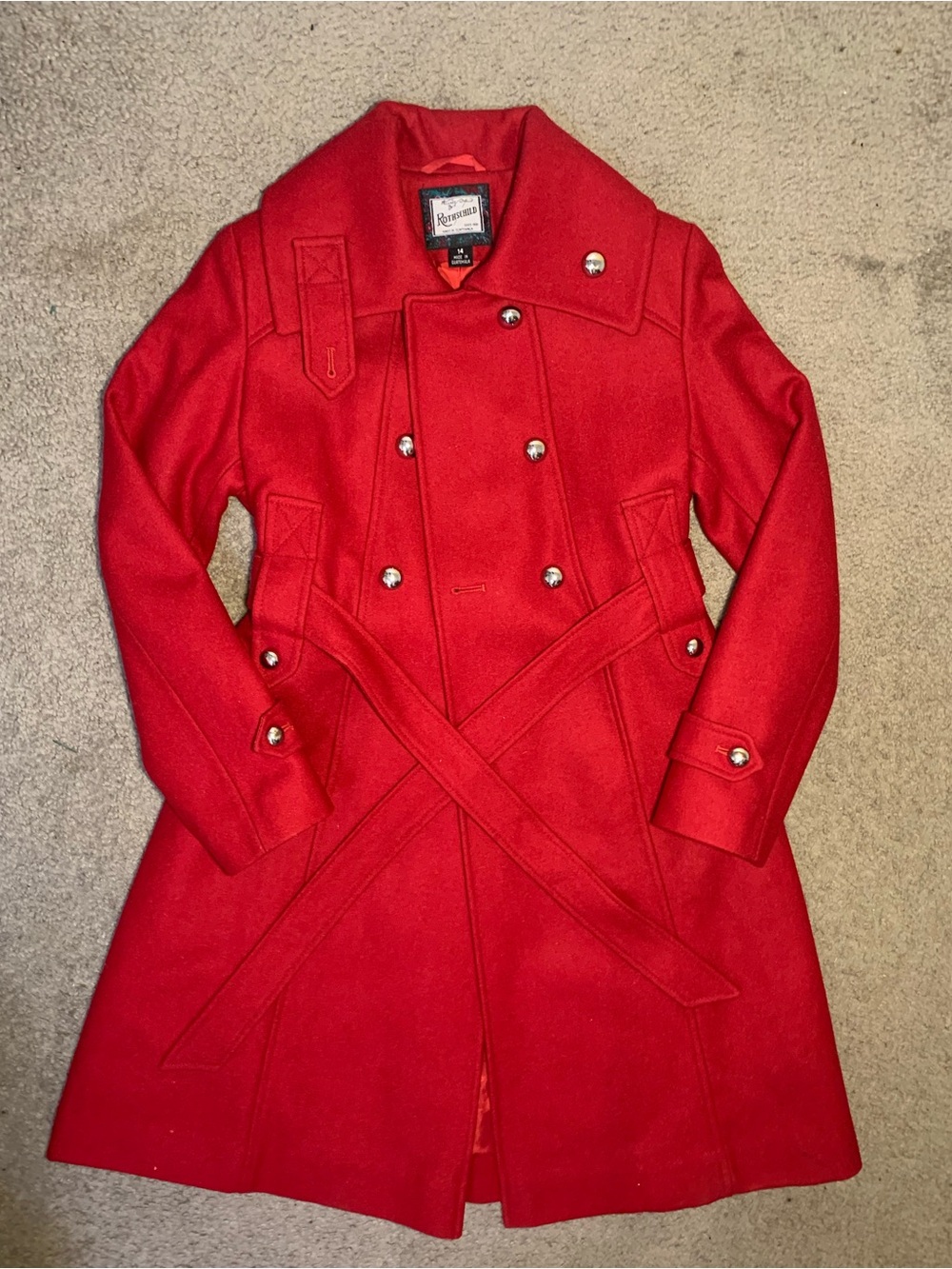 Rothschild Red Double-Breasted Wool Pea Coat with Belt